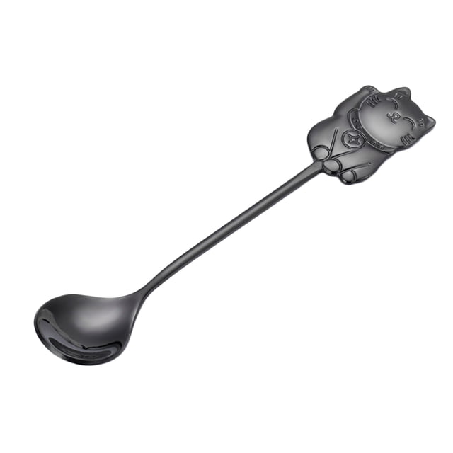 304 Stainless Steel Luck Cat Coffee Stirring Spoon Cartoon Dessert Spoon for Eating Dinner Kitchen (Black)