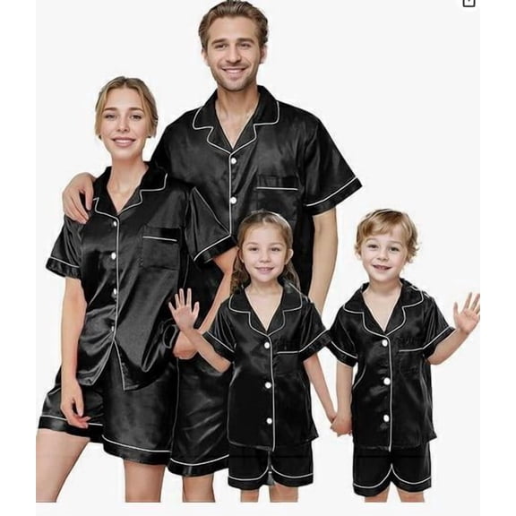 Family Matching Pajamas Contrast Trim Short Sleeve Lapel Tops and Shorts Set Family Satin Sleepwear