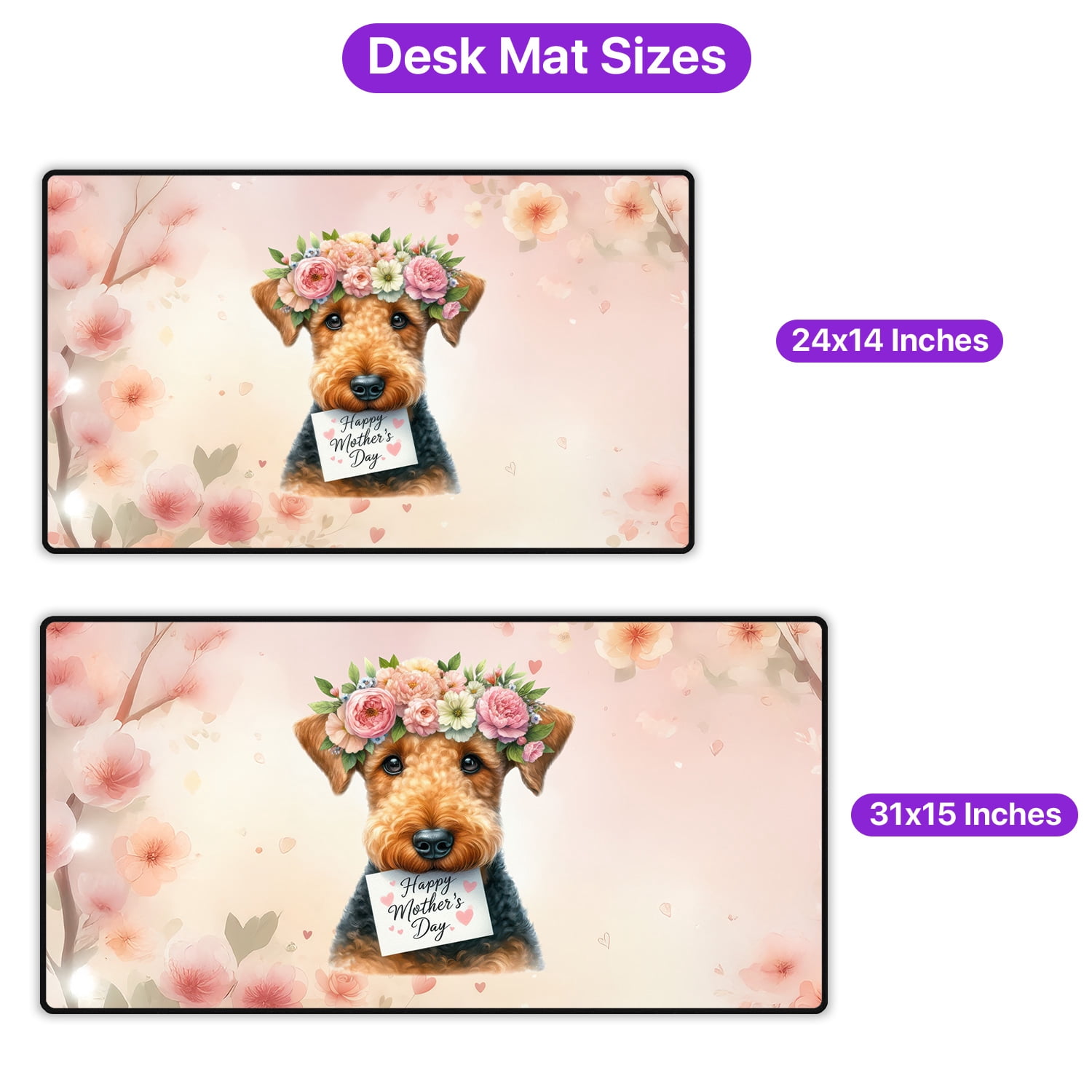 Happy Mother's Day Airedale Terrier with Flower Crown and Greeting Card Desk Mat Full Keyboard Mouse Pad Dale Waterside Dog Lover Large Mousepad - 13004
