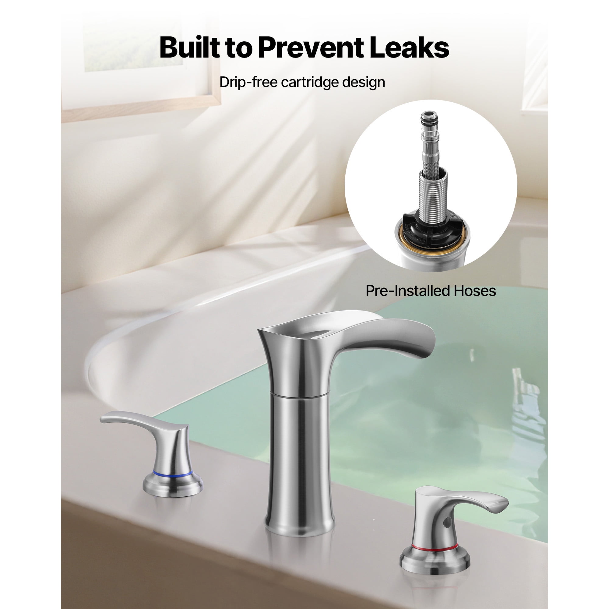 KFFKFF Roman Tub Faucet, 3-Hole Waterfall Bathtub Fixture, Zinc Alloy Bath Faucet Set with Dual Handles, Deck-Mounted Design for Washing Pets and Bathing, Silver Finish, Hot and Cold Water Adjustment