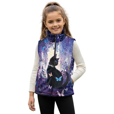 Xoenoiee Cat Butterfly Flower Print Girls Sleeveless Zip Up Outerwear Stand Collar Vest Warm Winter Jackets Coats with Pocket for Running Jogging Biking 7-8 Years