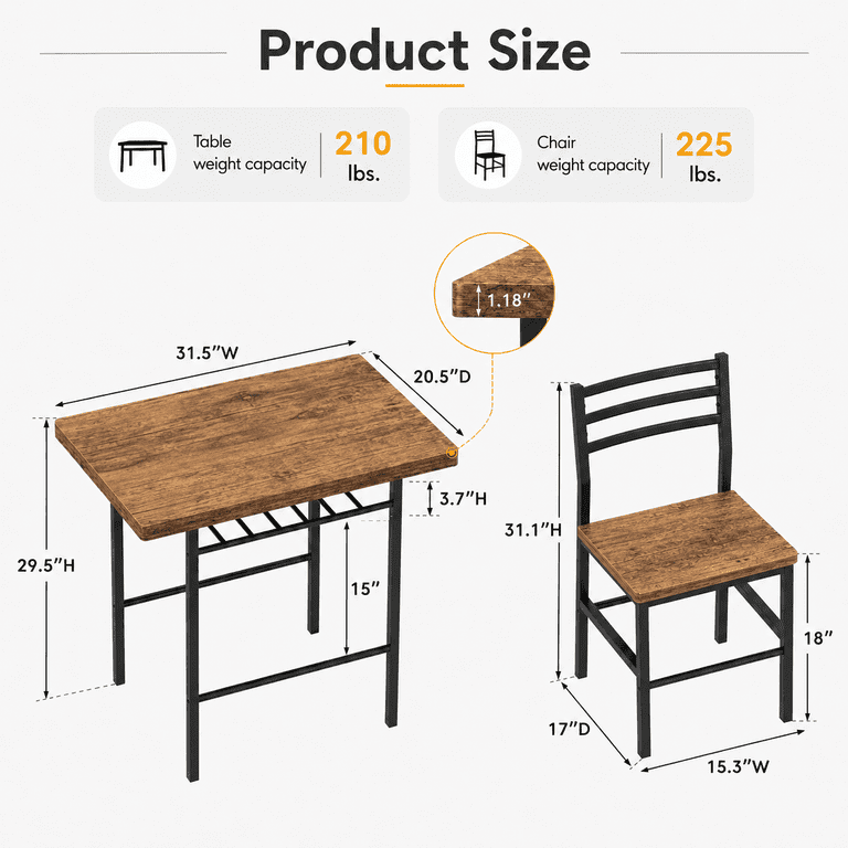 Lacoo 3 Piece Dining Table Set for 2, Small Kitchen Table and 2 Chairs, Space Saving Dining Room Table Set for Apartment, Breakfast Nook, Brown