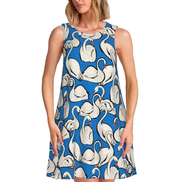 Fotbe Swan Birds Vestido de Verano sin Mangas para Mujer – Vestido Midi Línea A, Estilo Camiseta Floral, Vestido Playero Casual y Fluido