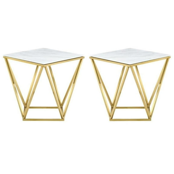 Home Square Mason Stone With Marble Veneer End Table in Gold - Set of 2