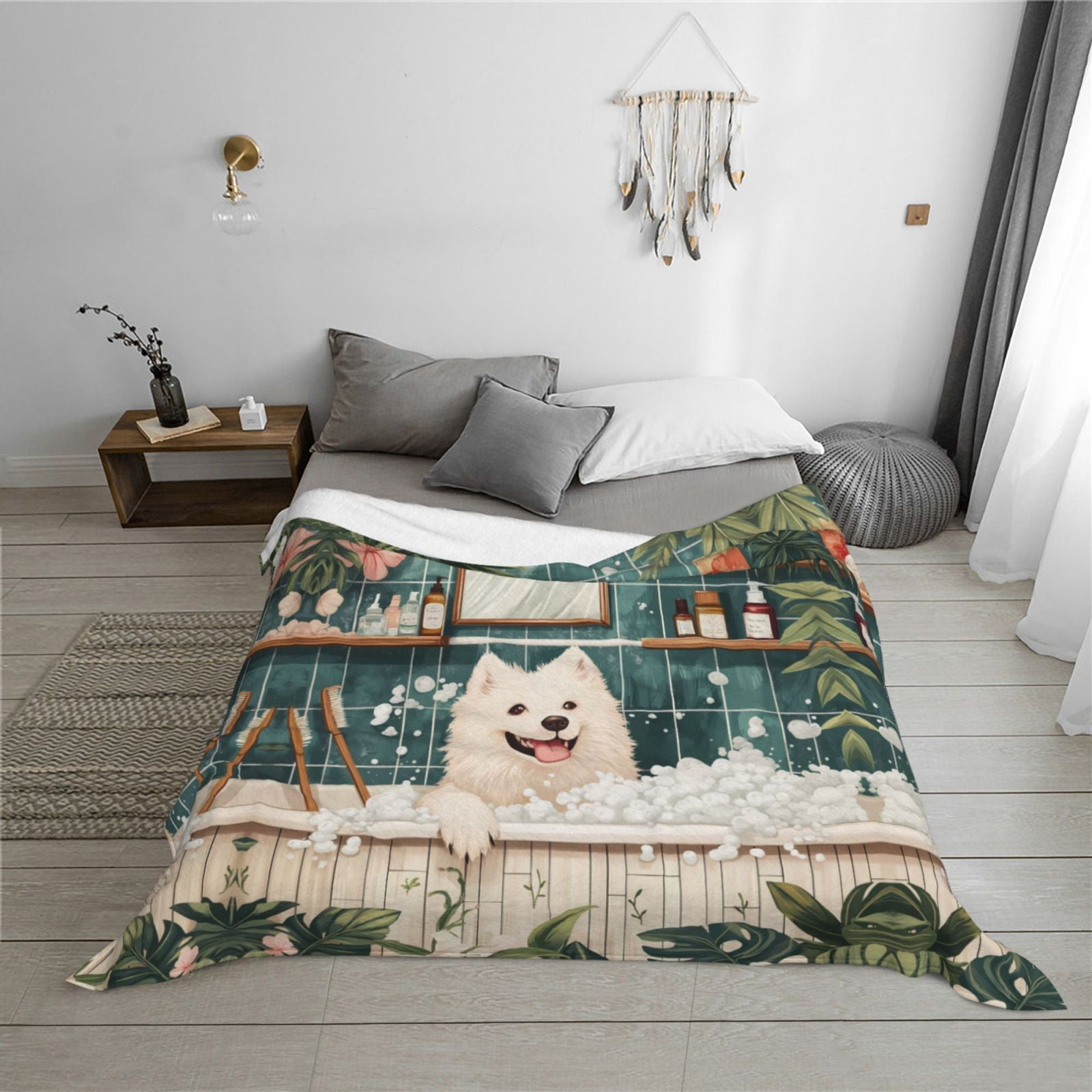 Throw Blanket for Couch - Dog in Tropical Bathtub Soft Comfy Lightweight Cozy Warm Throw Blanket, Fuzzy Plush Flannel Blanket & Throws for Sofa and Bed All Season