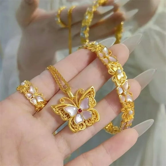HOOUN Girl's butterfly flower 22K 23K 24K Thai baht gold filled yellow GP necklace 3 s