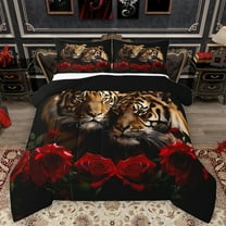 Feelyou Romantic Couple Tiger Full Size Comforter Sets, 3D Jungle Animal Bedding Comforter Set, Valentines Day Rose Reversible Bedding Sets, Breathable Home Decor, 3-Piece