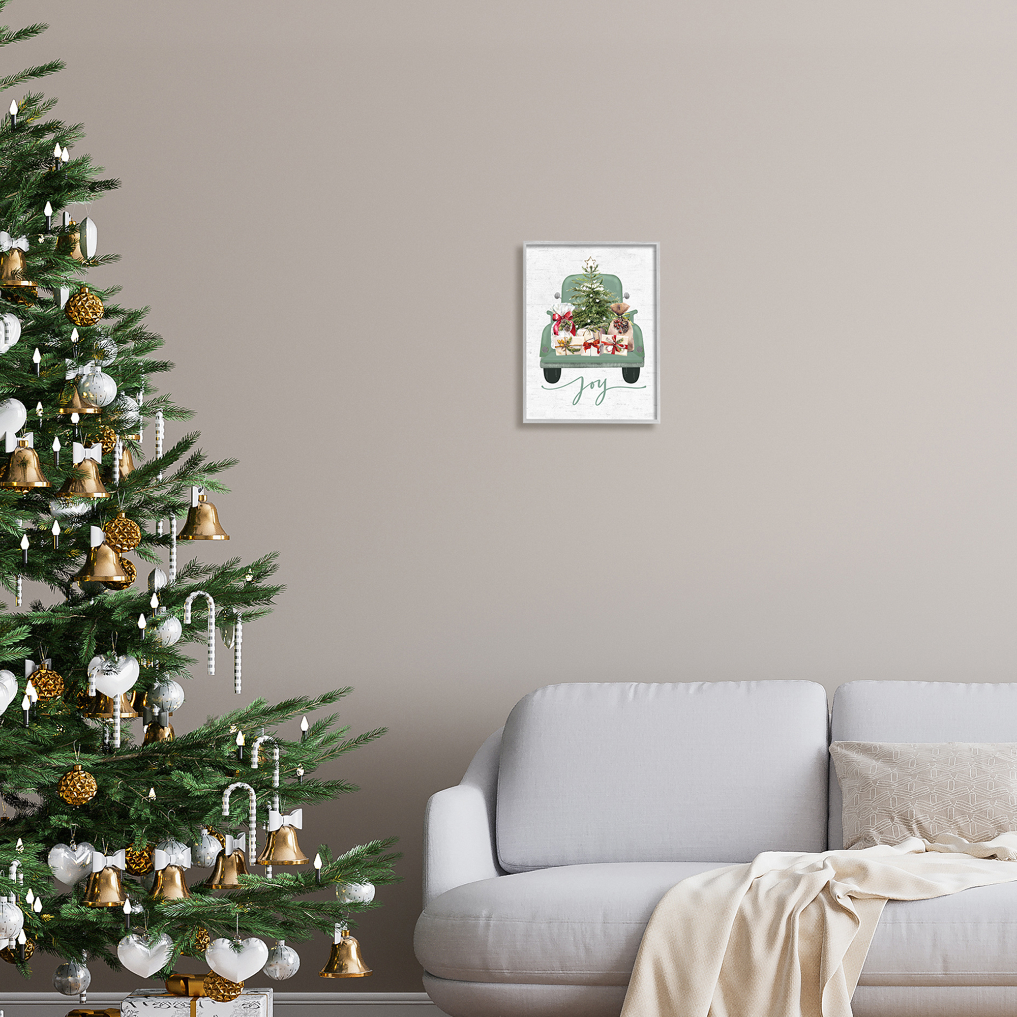 Stupell Industries Rustic Gift Truck with Joy Holiday Painting Gray Framed Art Print Wall Art, 11 x 14