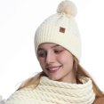 thumbnail image 4 of SYMOID White Winter Hat for Women, Cable Knit Cuffed Beanie with Faux Faux Fur Pom Pom Hats,Size Free Size, 4 of 4