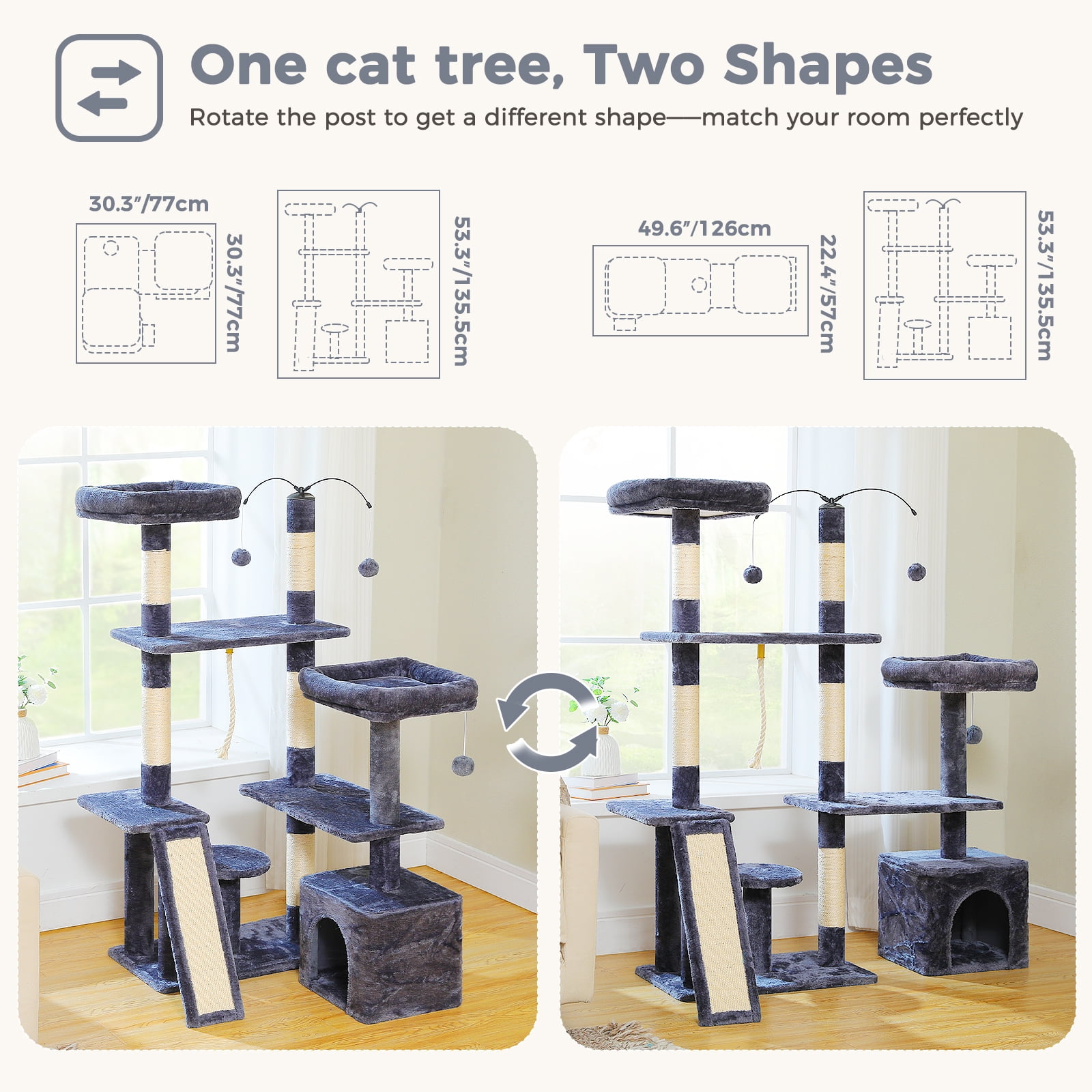 Pefilos 53" Cat Tree Pet Play House with Sisal Scratching Posts, Condo, Perches, Wide Platform for Indoor Kittens/Adult Cats, Gray