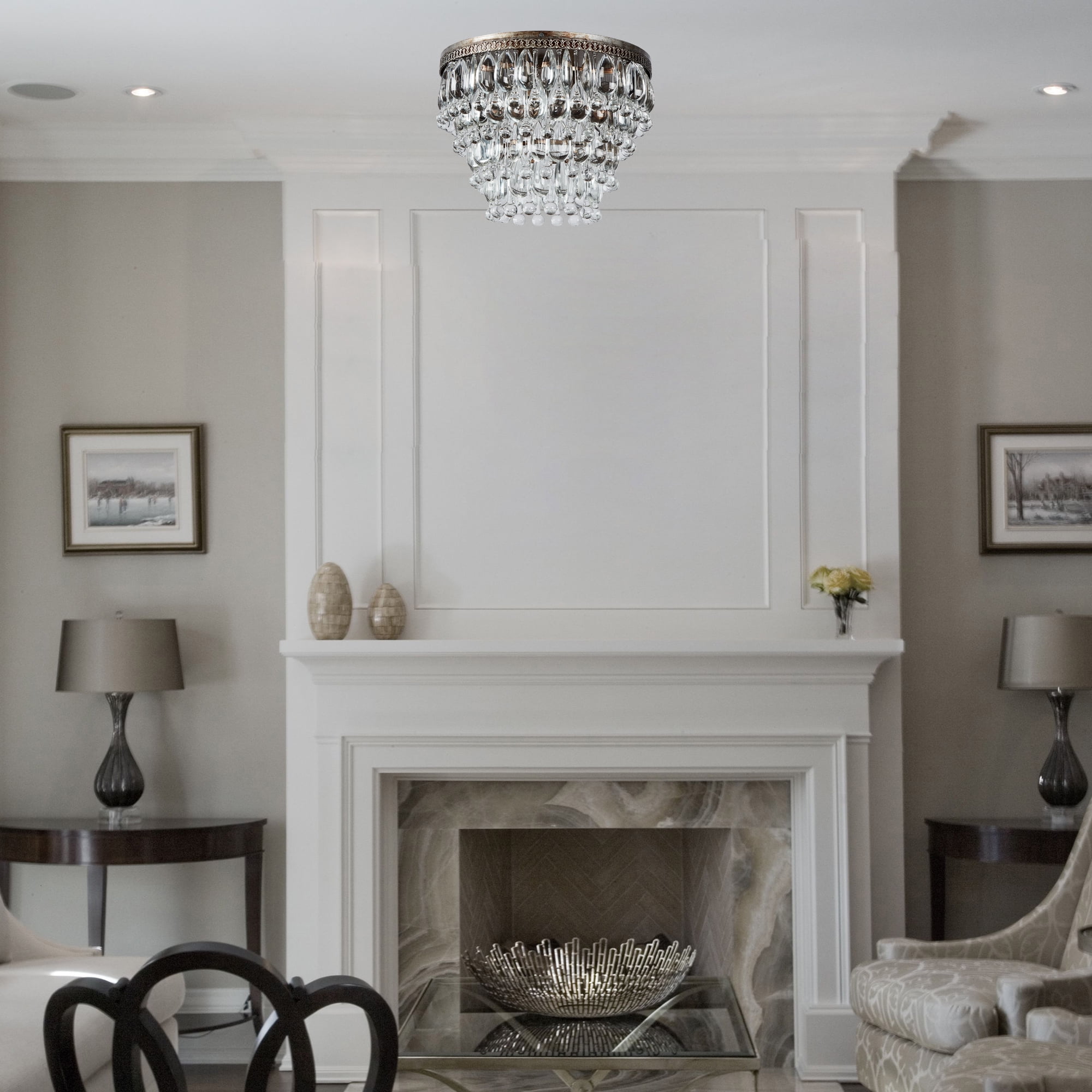 Vintage Antique Bronze Semi Flush Mount, 15 Inch Crystal Droplets Flush Mount Light, Unique Elegant Metal Close to Ceiling Light for Lving Room, Dining Room, Bedroom