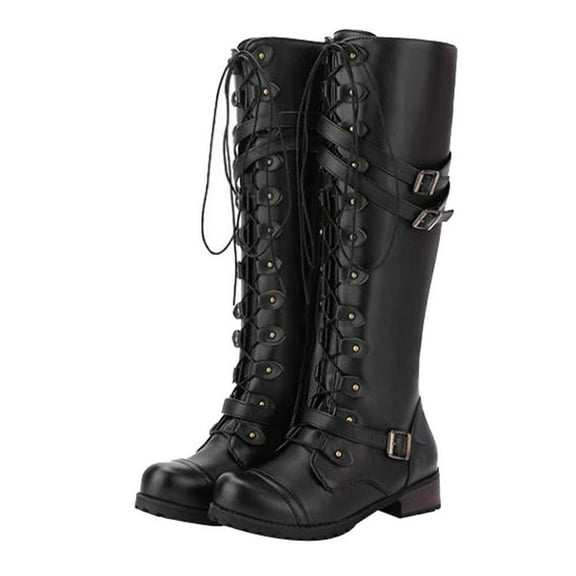Women's PU Leather Knee Boots Fashion Buckle Lace Up Gothic Vintage Punk Buckle Military Combat Stacked Heel Boot Motorcycle Riding Boots Shoes Knee-High Boots Winter Tall Boots
