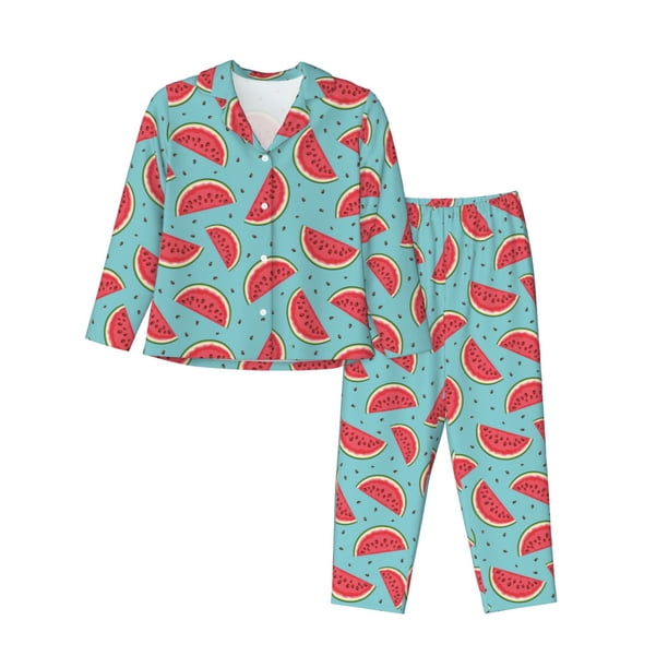 Balery Watermelon Conjunto de Pijama con Estampado para Mujer, Conjunto de Dos Piezas con Manga Larga, Ropa de Dormir Suave con Bolsillos, Pijamas Cómodos-XX-Large