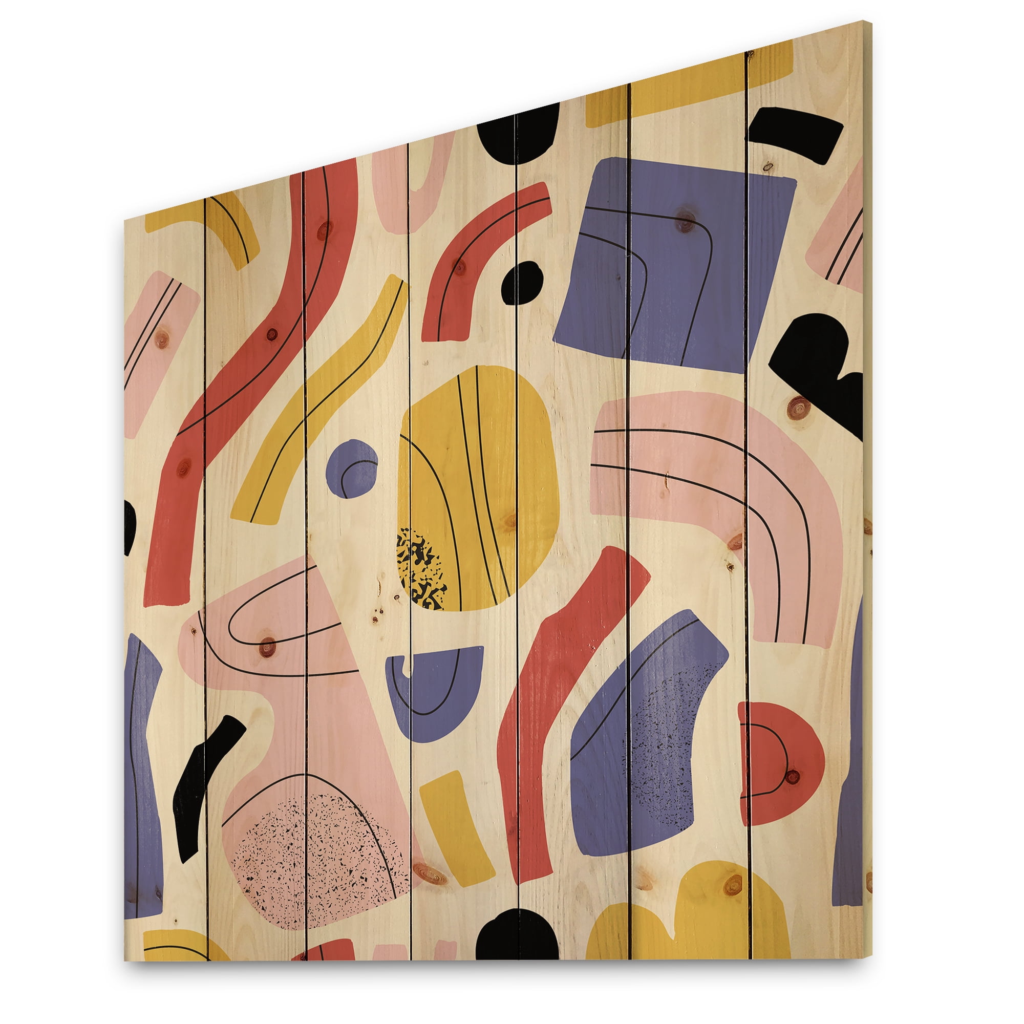 Designart 'Organic and Elements In Pink Yellow and Red' Modern Print on Natural Pine Wood