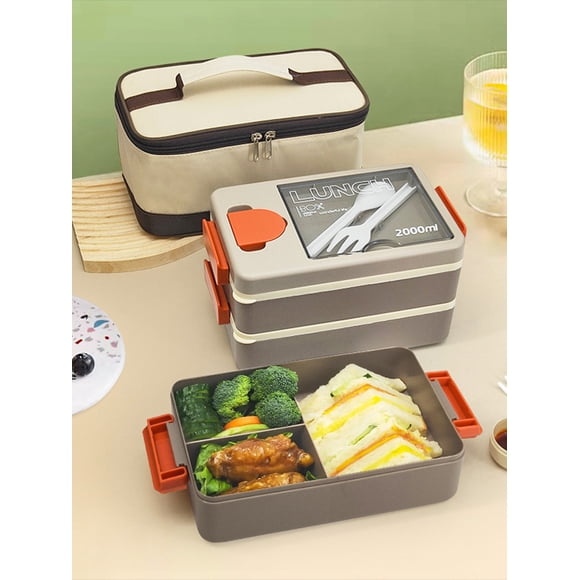 Gotydi Boîte à Bento 2 Couches avec Compartiment 2000ML Boîte à Lunch Lavable Micro-Ondes Portable avec Fourchette Cuillère Tasse à Sauce Sac Isolé pour Pique-Nique Enfants