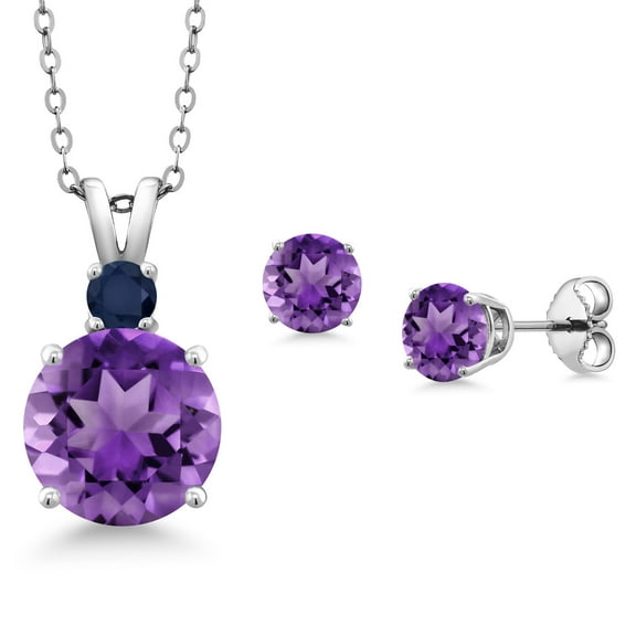 Gem Stone King 925 Sterling Silver Round Purple Amethyst and Blue Sapphire Pendant and Earrings Jewelry Set for Women (4.52 Cttw, Gemstone Birthstone, with 18 inch Chain)