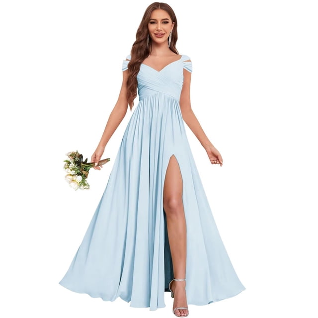 Vestido de dama de honor JKMMYO azul claro de chifón con hombros descubiertos