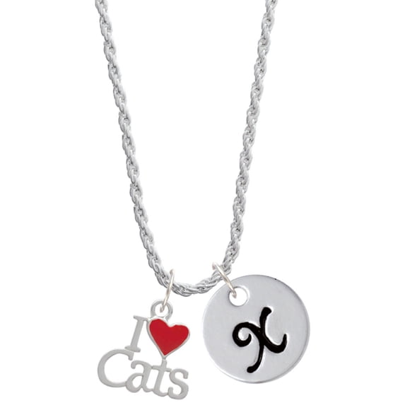 Delight Jewelry Silvertone I Love Cats with Red Heart Silvertone Script Initial Disc - X - Charm Necklace, 20"+3"