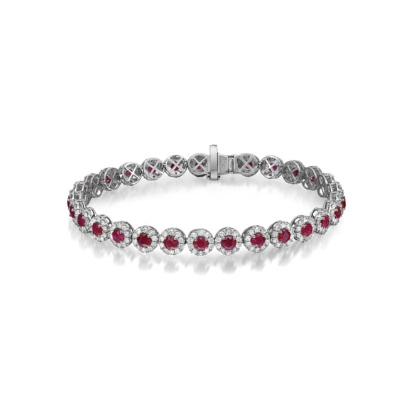 Ruby & Halo Diamond Tennis Bracelet Round Cut 14K White Gold