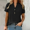 thumbnail image 2 of HomeDM Women's Button Down V Neck Short Sleeve Shirts Solid Color Work Office Casual Tops - Black/XL, 2 of 8