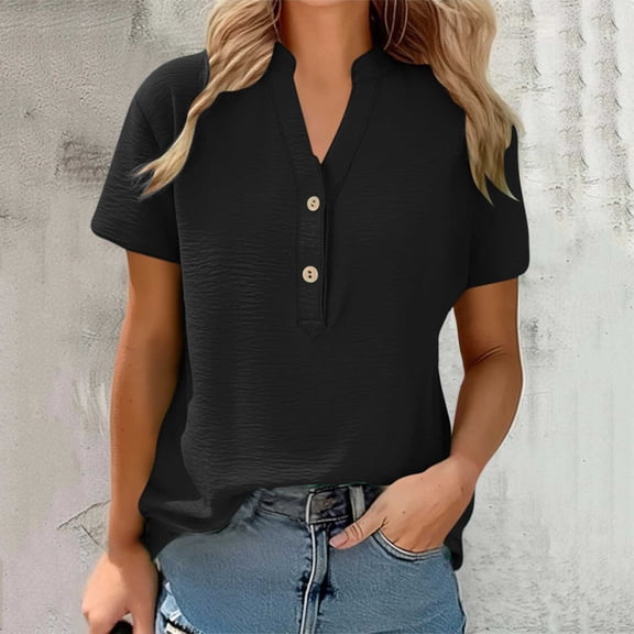 Vmvidoty Blouses for Women Dressy V Neck Tops Summer Casual Short Sleeve Shirts Black L