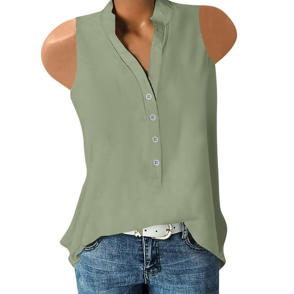 HIMIWAY Summer Hot Shirts for Women Ladies Fashion Casual Formal Versatile Solid Color Button Sleeveless Top Shirt