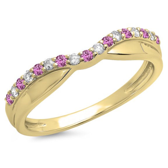 Dazzlingrock Collection 14K Round Pink Sapphire, White Diamond Wedding Band, Yellow Gold, Size 8.5