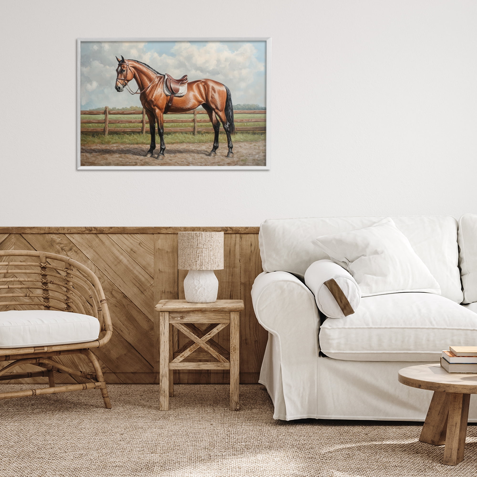 Stupell Industries Sunshine Pony on Farm Path White Framed Giclee Art, design by Petal Prints Design
