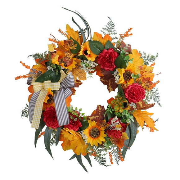 Binwennn Winter Door Welcome Sign Advent Wealth Festival Maple Leaf Wreath Bow Knot Rattan Door Hanging Decoration
