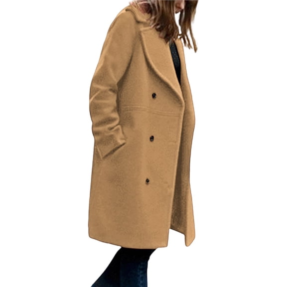 Female Wool Blend Double Breasted Pea Coat Notched Lapel Mid Long Trench Overcoat with Pockets Khaki M
