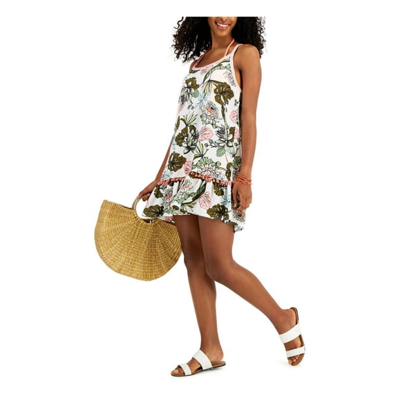 MIKEN SWIM Women's White Tropical Print Tiered Pom Pom Dress Scoop Neck Swimsuit Cover Up L