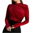thumbnail image 3 of Feancey Big Deal Days Ruched Tops for Women Long Sleeve Casual Gold Velvet Blouse Comfy Round Neck Velour T Shirt Elegant Evening Party Tee Shirt Spring Going Out Tunics Red XXL, 3 of 4