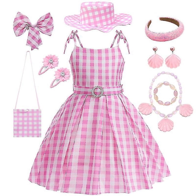 Disfraz de película Barbi para niñas, disfraz rosa a cuadros de Margot Robbie, vestido de princesa para niños, Vestidos de fiesta de carnaval, Halloween y cumpleaños