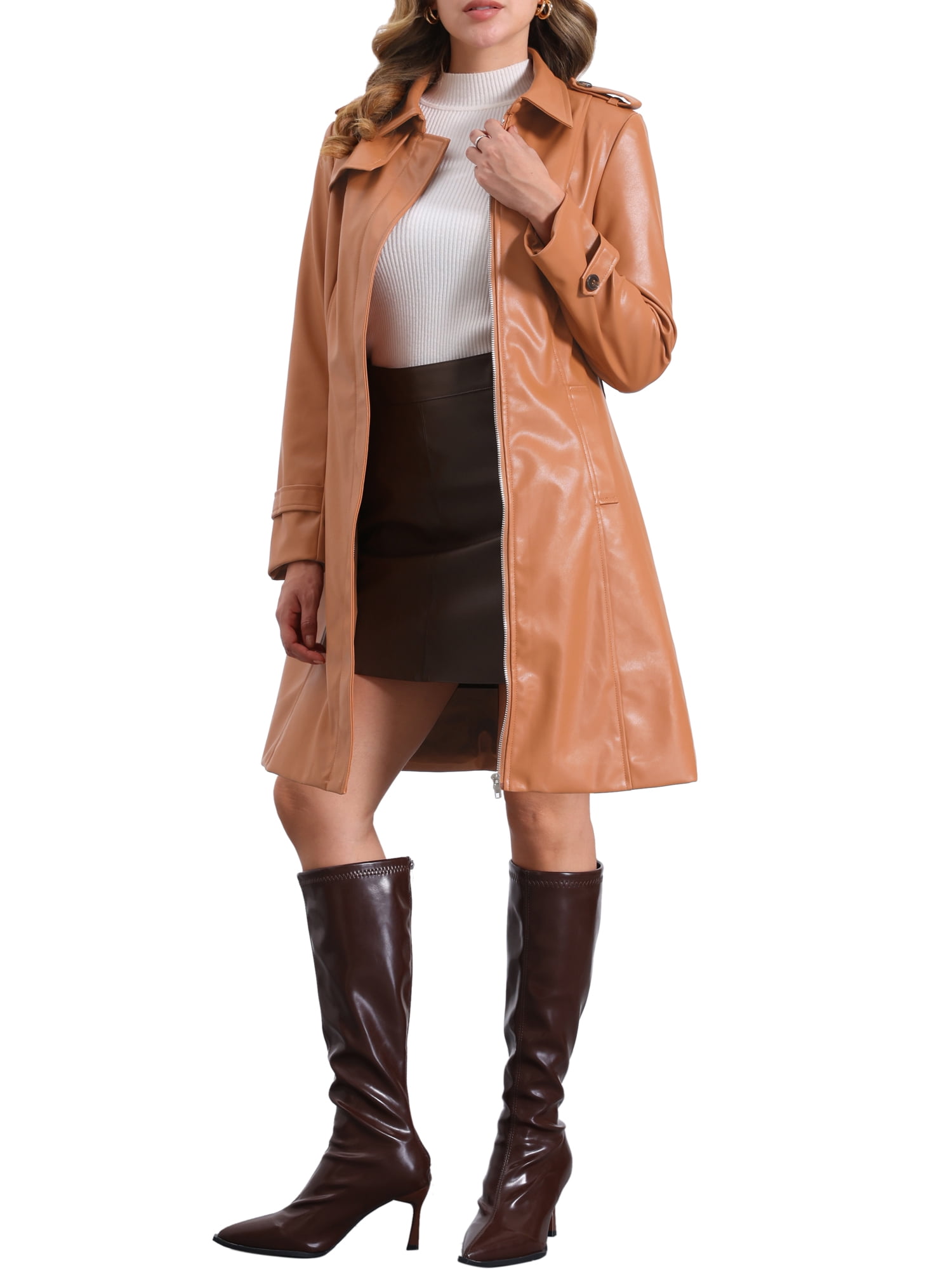 INSPIRE CHIC Faux Leather Long Jacket for Women's Lapel Slim Fit Long Sleeve Zip Coats S Caramel
