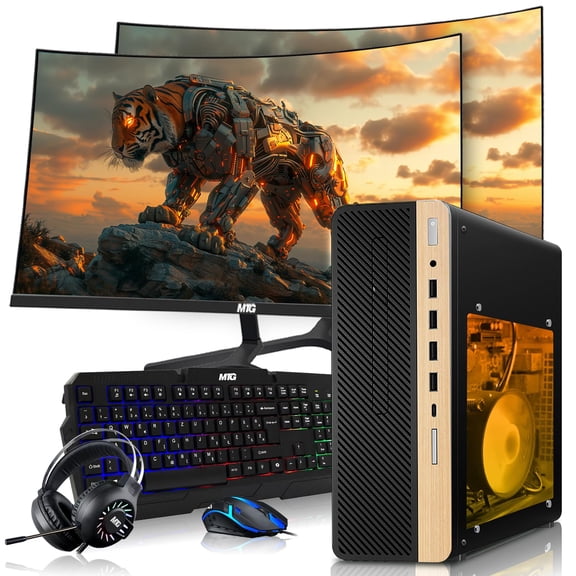 Restored HP Half Light Gaming PC Desktop Computer – AMD Pro A10-9700,GT 1030 Graphics,16GB RAM,1TB SSD,Dual 27 Inch Curved Monitor,RGB Keyboard with AI Copilot,Mouse,WiFi,RGB Headphone,Windows 11
