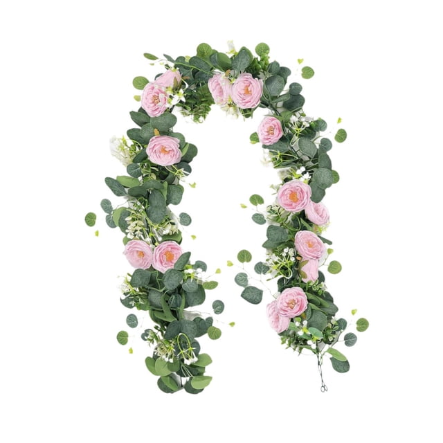 Guirnalda floral artificial colgante de flores de falsas rosas, , guirnalda de eucalipto con flores para decoración de arco de boda