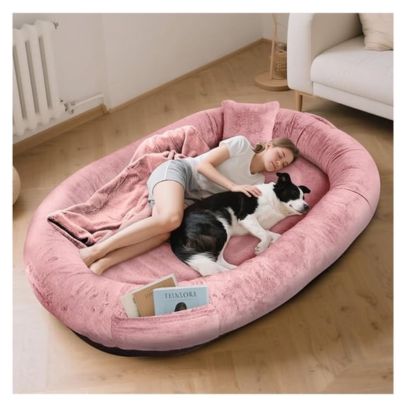 Human Dog Bed 71" x 45" x 14", Human-Sized Large Dog Bed Fits Adults and Pets, Washable Faux Fur Cover Giant Beanbag Bed, Napping Orthopedic Beds with Blanket and Pillow, Pink