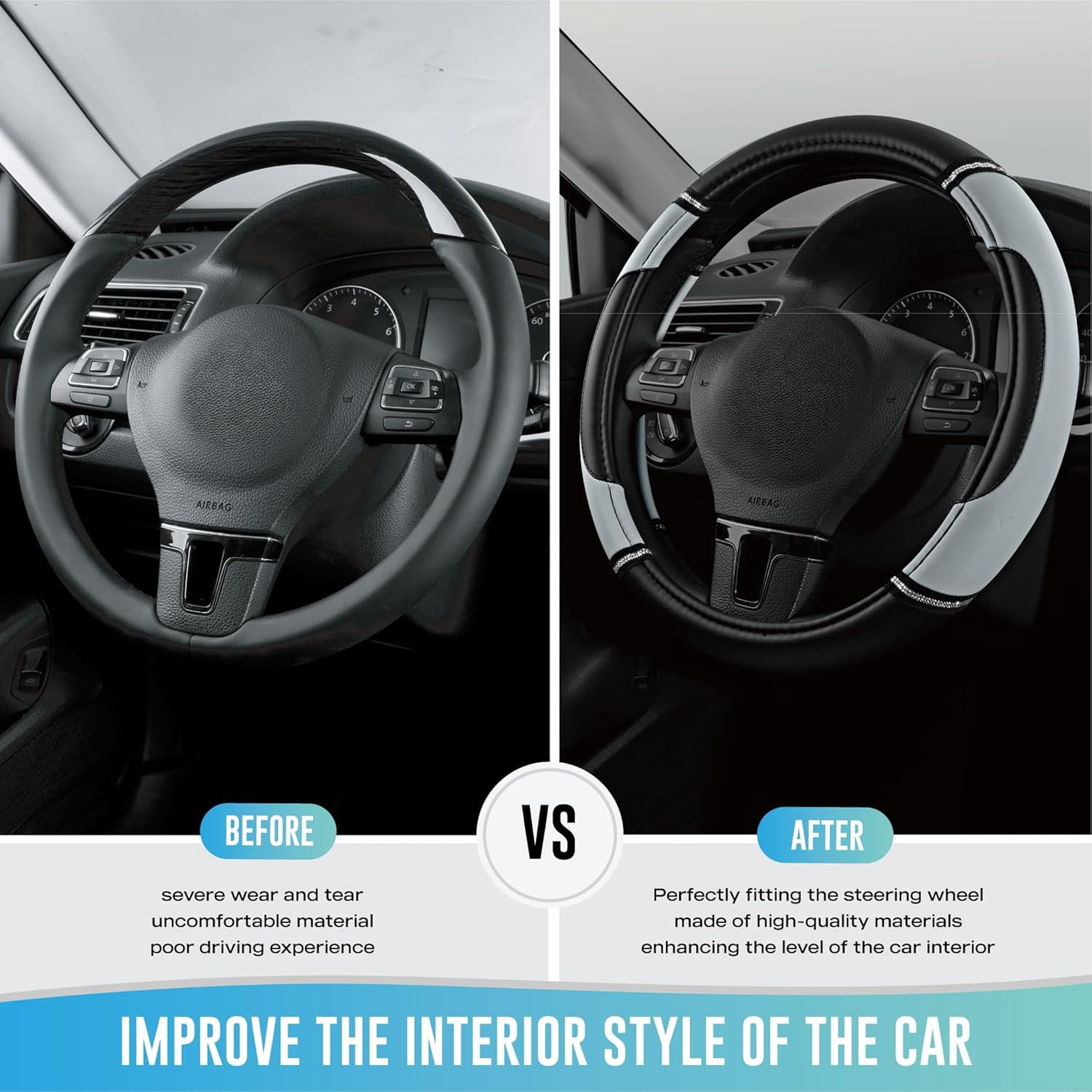 Leather Steering Wheel Cover - Made with PVC Leather - Anti-Slip, Universal Fit 14 1/2 inches to 15 inches - Gray