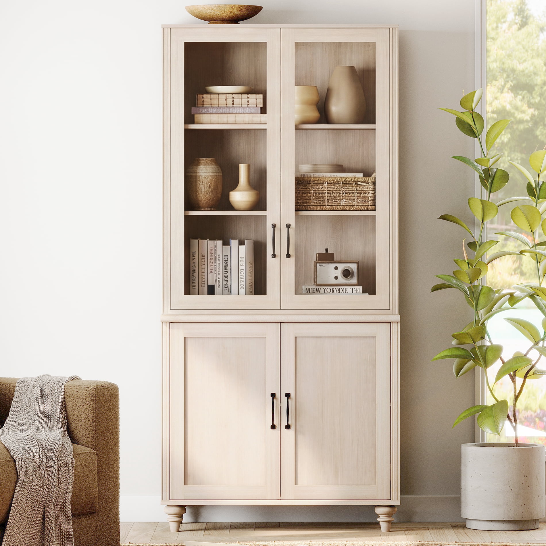 72.1"H × 33.9"W Large Farmhouse Wooden Bookcase with Glass Doors & Shelves, Storage Cabinet Bookcase for Living Room, Bedroom, Home Office & Kitchen, Beige