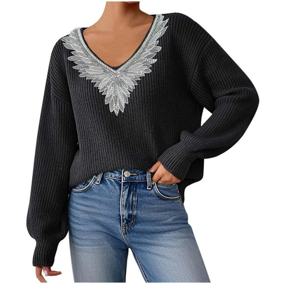 TFEOQRY Women's Embellished V Neck Sweater Puff Sleeve Loose Knit Casual Pullover Fall Winter Top Black