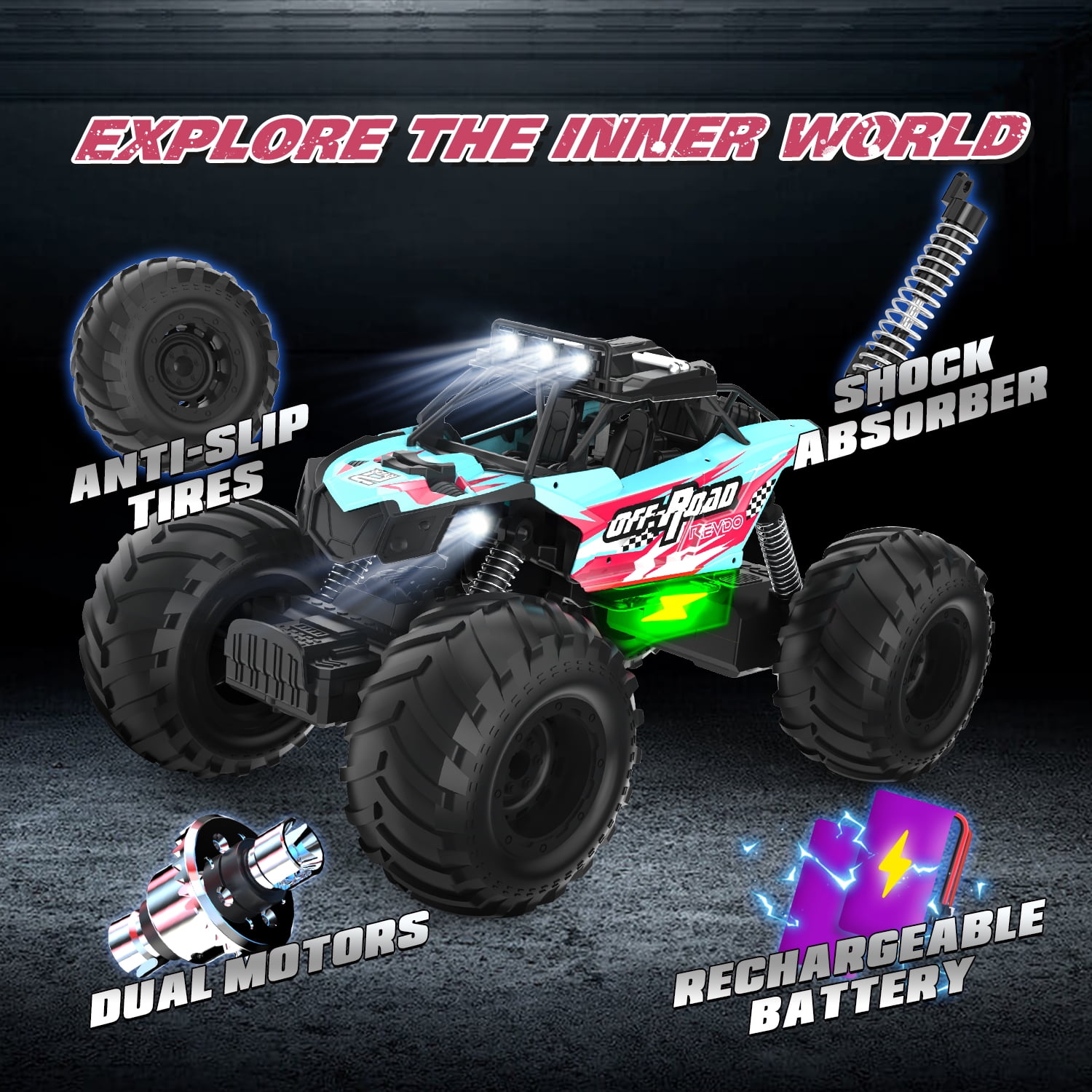 JoyStone 1:10 RC Cars for Kids , 2.4Ghz RC Monster Truck with Light, 2 Batteries, 60+ Mins, Off Road Vehicle for Adults, Blue