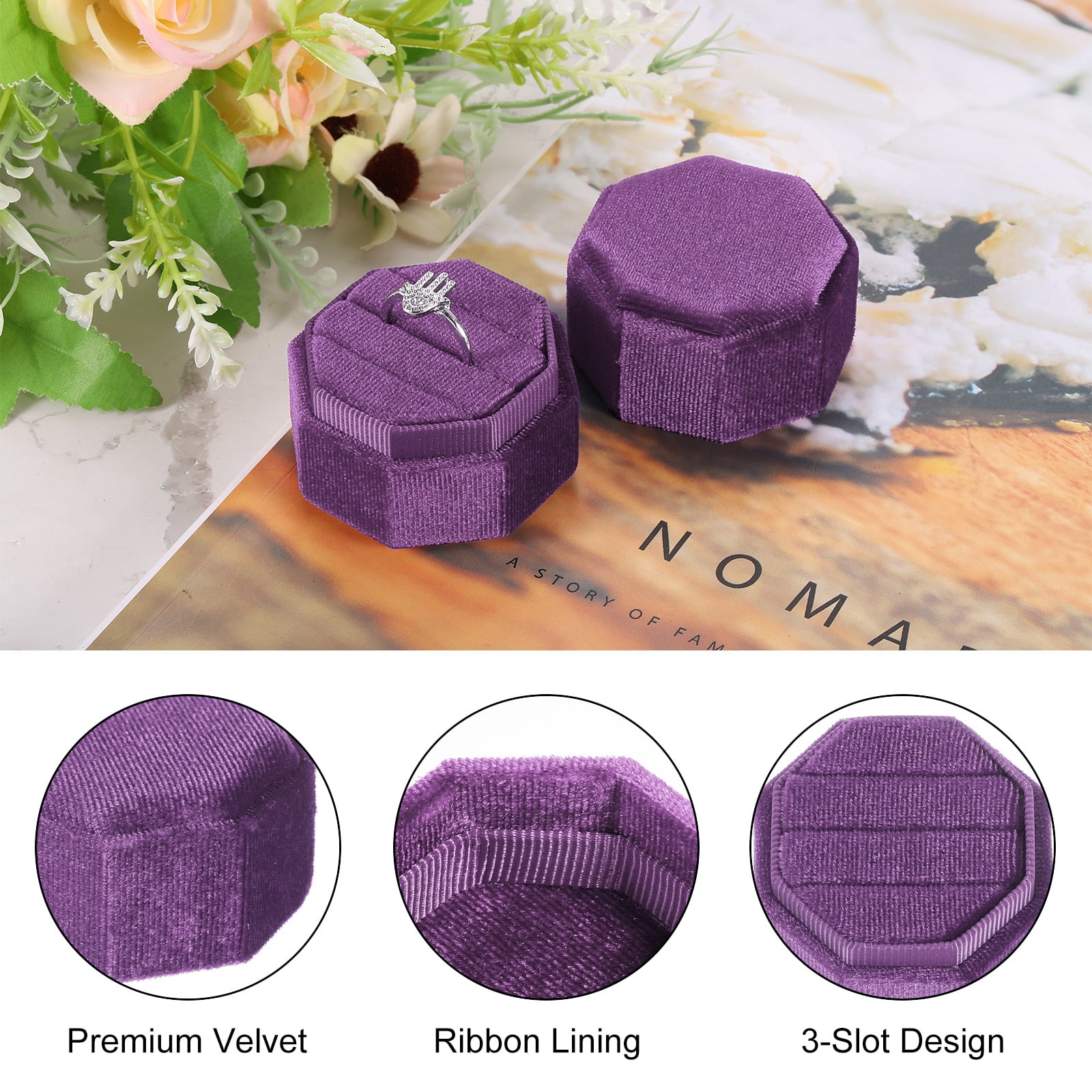 Unique Bargains Octagon Velvet Ring Box for Wedding Rings Deep Purple