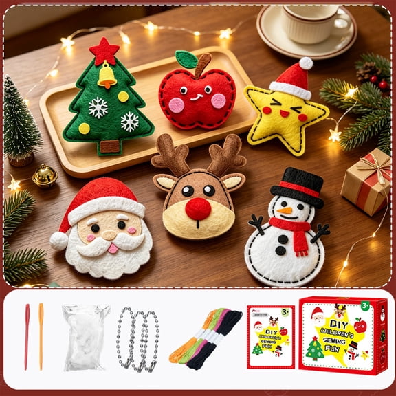 DIY Felt Christmas Sewing Ornament Kit, Santa Snowman Reindeer Tree Star and Apple Crafts for Kids Family Holiday Home Party Decor 6 Sets