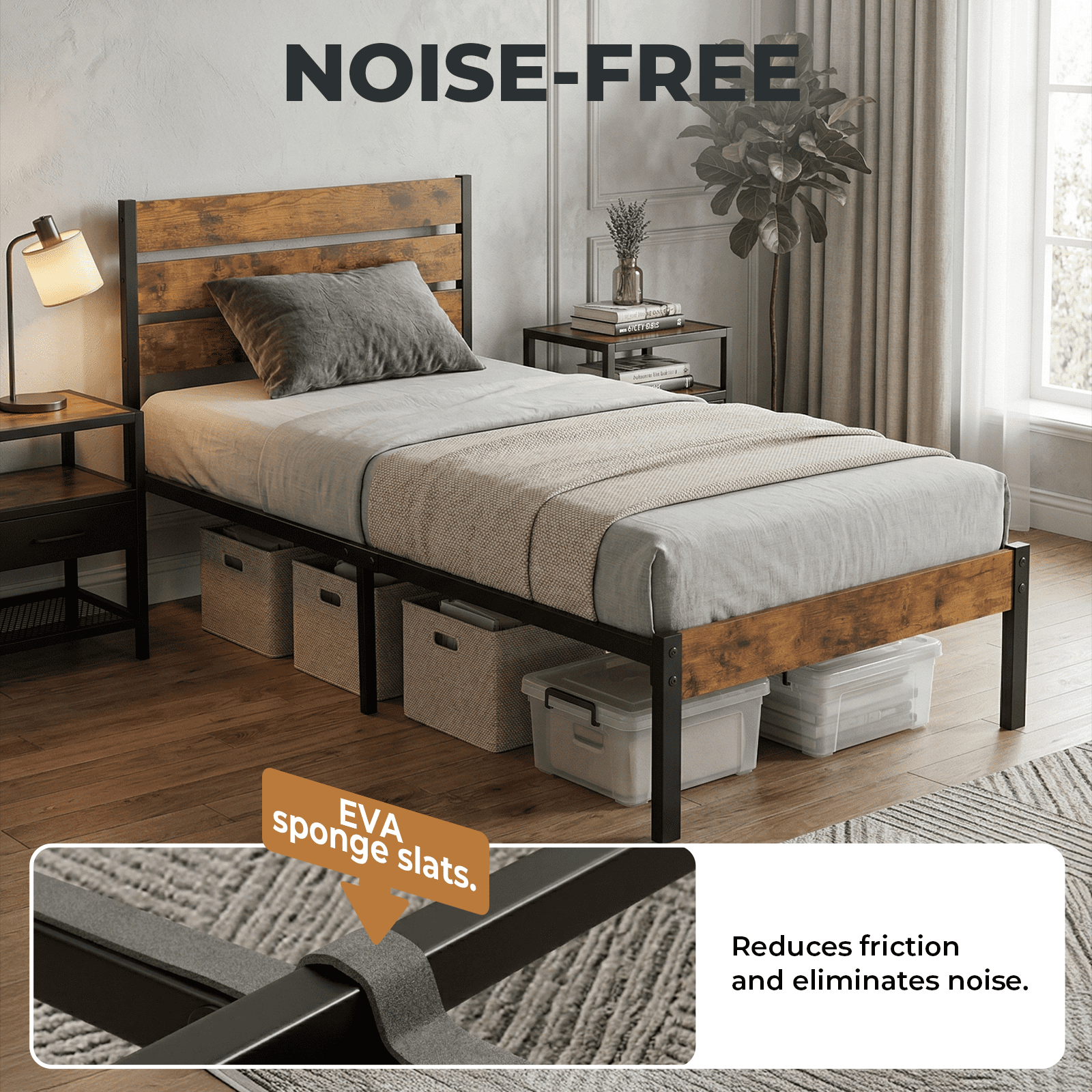 Alvantor Metal Platform Bed Frame with Headboard & Footboard - No Box Spring Needed, 800LBS Sturdy Wooden Slats Support, Industrial Style