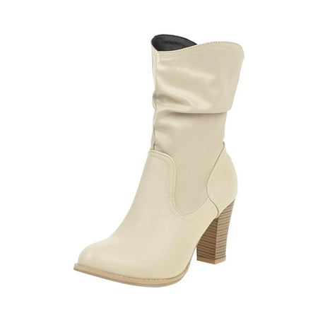 KBKYBUYZ Women Shoes Basis Solid Color Square High Heels Casual Warm Wear-resistant Slip-on Fleece Cowboy Boots Comfortable Elegant Shoes