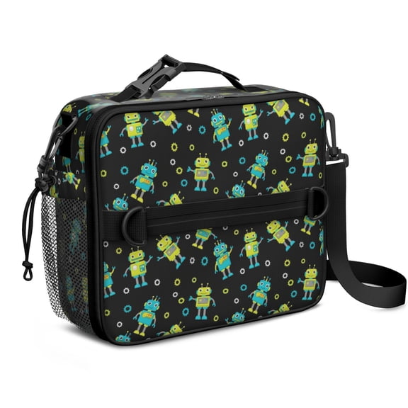 Robot and Gears Black Pattern Insulated Lunch Bag with Shoulder Strap and Bottle Holder,Bento School Lunch Bag Box,11x9.5x3.5 Inches