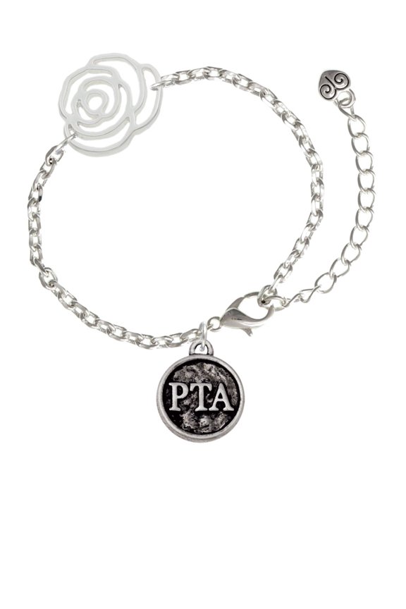 Silvertone Physical Therapist Caduceus Seal - PTA Silver-tone Flower Link Chain Bracelet, 6.75"+2" Extender