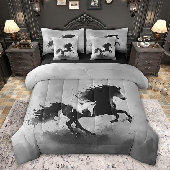 Castle Fairy Galloping Horse Twin Bedding Sets,Black Grey Bedding Comforter Set