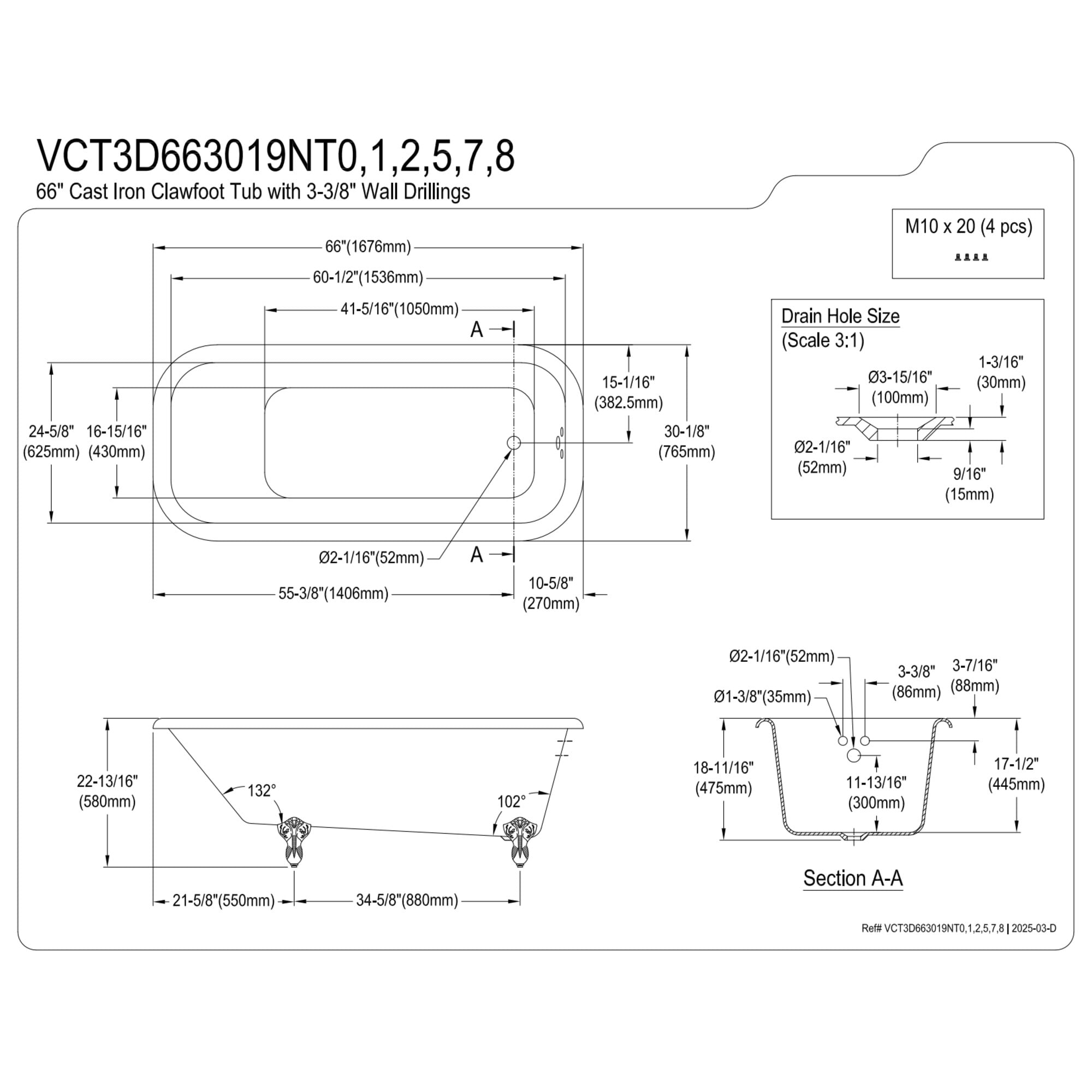 Aqua Eden VCT3D663019NT0 66" Cast Iron Oval Rectangular Roll Top Clawfoot Tub (3-3/8" Wall Drillings), White/Matte Black