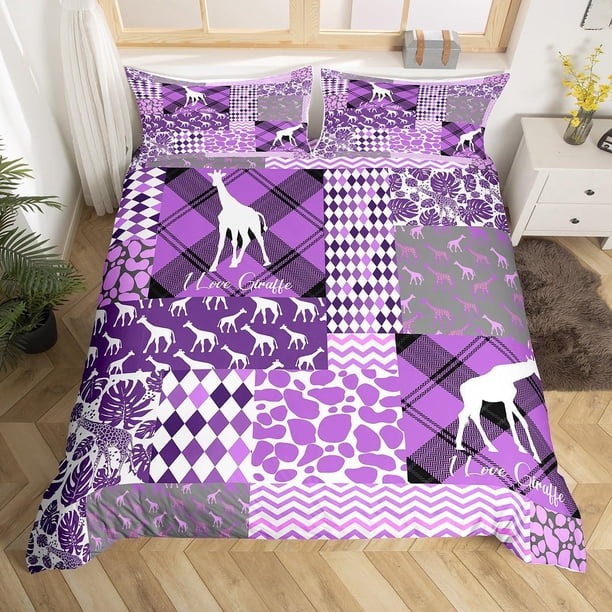 Jirafa funda nórdica King púrpura Animal Print Juego de cama, Tropical Palm Tree